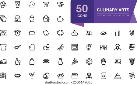 Culinary Arts and Cooking icon pack. Related to Frying, boiling, baking and ready to eat. Minimalist thin linear web ui icon set. Simple editable vector stroke illustration.