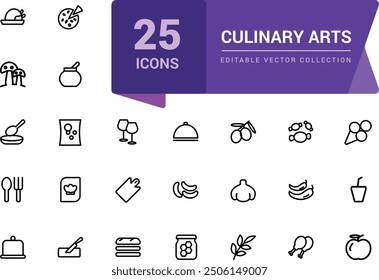 Culinary Arts and Cooking icon pack. Related to Frying, boiling, baking and ready to eat. Minimalist thin linear web ui icon set. Simple editable vector stroke illustration.