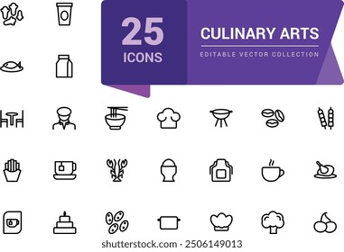 Paquete de iconos de Artes Culinarias y Cocina. Relacionado con Freír, hervir, hornear y listo para comer. Conjunto de iconos de ui de Web lineal delgado minimalista. Ilustración de trazo de Vector editable simple.