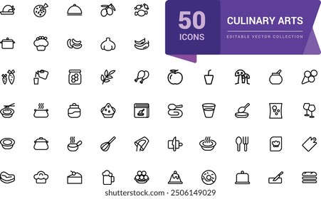 Culinary Arts and Cooking icon pack. Related to Frying, boiling, baking and ready to eat. Minimalist thin linear web ui icon set. Simple editable vector stroke illustration.