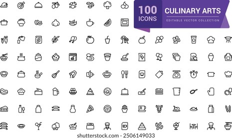 Culinary Arts and Cooking icon pack. Related to Frying, boiling, baking and ready to eat. Minimalist thin linear web ui icon set. Simple editable vector stroke illustration.