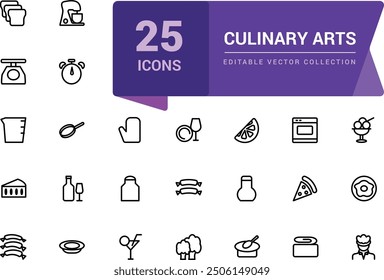 Culinary Arts and Cooking icon pack. Related to Frying, boiling, baking and ready to eat. Minimalist thin linear web ui icon set. Simple editable vector stroke illustration.