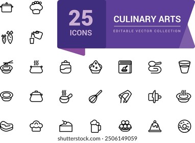 Culinary Arts and Cooking icon pack. Related to Frying, boiling, baking and ready to eat. Minimalist thin linear web ui icon set. Simple editable vector stroke illustration.