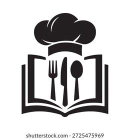 Culinary arts symbol chef s hat atop an open cookbook with utensils