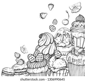 Culinary Background with Cakes and ice cream, baked dessert set, black and white, vector illustration