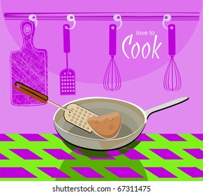 culinary background with frying pan and pancakes