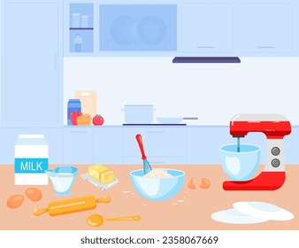 Culinary and baking equipment vector illustration. Mixer with bowl, whisk, butter and flour, tools and ingredients for cooking food or dessert. Bakery, kitchen gadgets, homemade food concept