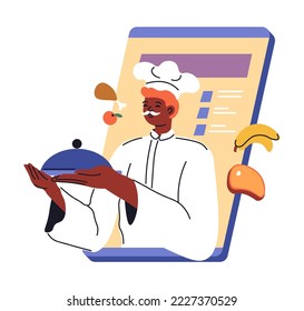 Culinary blog or cooking service, isolated chef serving dishes and meal. Delivery and ordering for home. Online buying and paying for prepared food. Smartphone and veggies. Vector in flat style