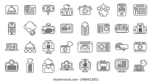 Culinary blog icons set. Online cooking class icons showing chefs using technology, recipes, and streaming platforms for culinary education