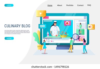 Culinary blog vector website template, web page and landing page design for website and mobile site development. Online cooking classes, food blog online channel, live broadcast, culinary video.