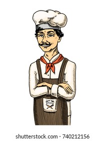 culinary boss or chef, baker in apron.. engraved hand drawn in old sketch and vintage style for label and menu. interior of bakery shop. organic food.