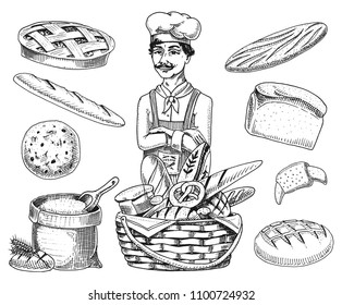 Culinary boss, chef cooker, baker in apron. Bag with flour or basket. Engraved hand drawn in old sketch vintage style for label and menu. interior of bakery shop. organic food bread loaf pastry.