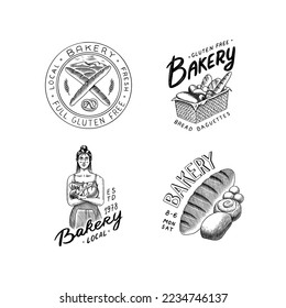 Jefe o chef culinario. horno de ladrillo caliente. Pan, pan largo o baguette. Grabado a mano en boceto antiguo y estilo vintage para etiqueta, logo y menú, panadería.