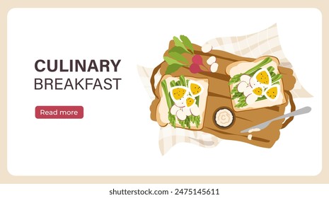 Culinary breakfast concept. Top view of fried egg sandwiches. Healthy morning eating. Onions and radishes. Landing webpage design. Cartoon flat vector illustration isolated on white background