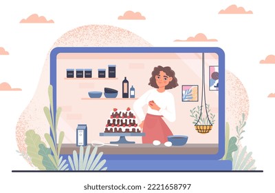 Culinary broadcast concept. Woman creates training video, shows recipe and how to cook dish. Modern technologies and digital world. Remote education and learning. Cartoon flat vector illustration