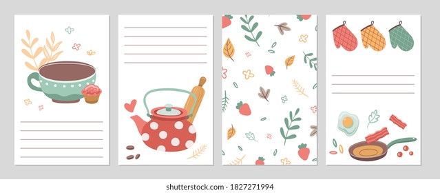 Culinary cards. Kitchen recipe notebook pages, notes paper template. Tools cutlery and food, tea time poster. Cafe restaurant or home grocery store check lists vector illustration