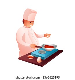 Culinary chef in kitchen flat character. Dinner preparing process. Cook roasting meat on fry pan isolated clipart. Restaurant, cafe, cafeteria staff wearing professional uniform. Man frying steak