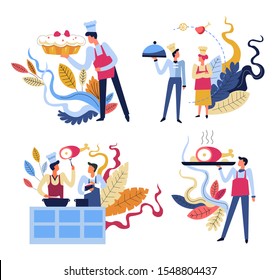 Culinary chefs in apron and caps cooking. Food preparation and waiter serving ready meal, steak on tray. Cupcake recipe. Restaurant business and cook off competition concept. Vector illustrations.