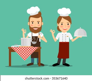 Culinary Chefs. Cook Class Lesson And Food Preparation. Vector Illustration.