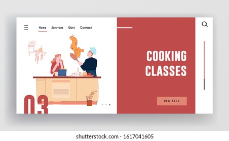 Culinary Class Workshop Website Landing Page. Man and Woman in Chef Aprons and Toques Cooking on Kitchen Healthy Dinner, Tutorial Prepare Natural Food Web Page Banner. Cartoon Flat Vector Illustration