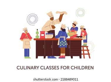 Culinary Classes For Children Banner Flat Style, Vector Illustration Isolated On White Background. Chef Teaching Kids How To Cook, Dough In Hand, Funny Lesson