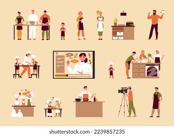 Culinary classes color set of professional chefs teaching adults and children online and directly isolated vector illustration