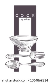 Culinary classes cook together isolated icon bowl and cutlery sketch vector dishware spoon and fork food preparation and recipes education and learning kitchenware emblem or logo restaurant or cafe.