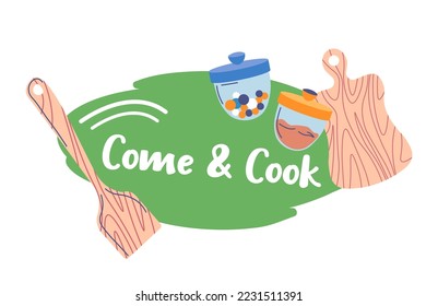 Culinary classes and cooking art, banner with jars filled with ingredients, wooden boards and spatula for preparing meal and dishes. Tasty products, emblem or label for food. Vector in flat style