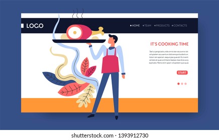 Culinary classes cooking time web page template vector man in apron with pig leg on tray recipes learning and teaching online Internet courses education and knowledge cook or chef master class