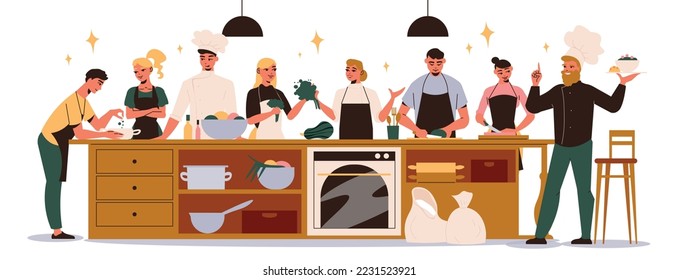 Culinary classes flat composition with group of adult people cooking together under the guidance of chef vector illustration