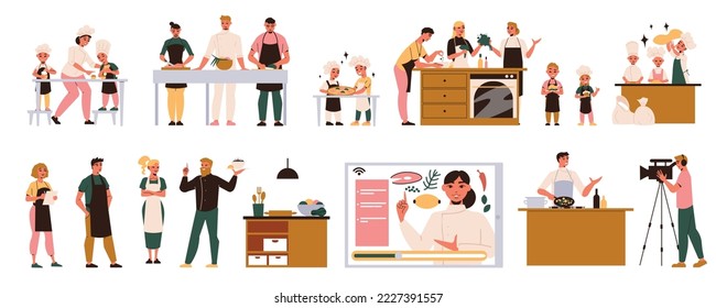 Clases culinarias conjunto plano de personas en delantales preparando comida saludable en cocina y tv estudio aislado ilustración vectorial aislada