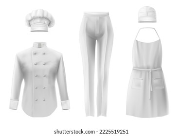 Culinary clothing white hat shirt apron pants icon set. Realistic white mockup. Professional suit clothes for cooks jacket for work in restaurant kitchen or cafe. Vector illustration