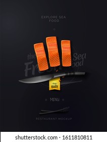 Culinary composition. Fresh salmon slices on a black background. Sea food. Healthy and fresh food. Vector illustration of a top view.