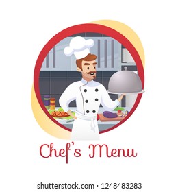 Culinary Concept Illustration Restaurant business. Banner Vector Illustration Cartoon character Chef showing a special from Chef Menu. Chef cook on Isolated White Background