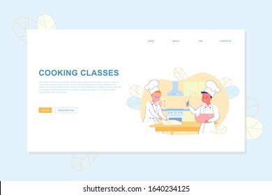 Culinary Cooking Classes for Kids Flat Landing Page. Cartoon Boys Cook Chef Kneading Dough and Whisking Cream for Baking Pastry Confectionary. Children Hobby and Interests. Vector Illustration