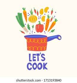 Culinary course poster concept. Scandinavian style illustration with pan and products. Text space. Copyspace concept for farm market, restaurant menu design, banner, cookbook page. Let's cook.