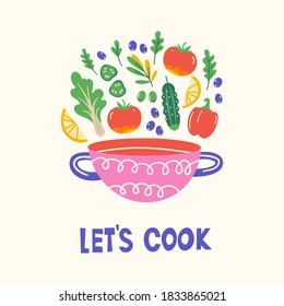 Culinary course poster concept. Scandinavian style illustration with pan and products. Text space. Copyspace concept for farm market, restaurant menu design, banner, cookbook page. Let's cook.