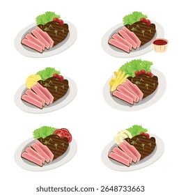  Criações Culinárias: Uma ilustração vibrante mostra uma variedade de pratos banhados, cada um com um bife suculento, complementado por diversos guarnições.