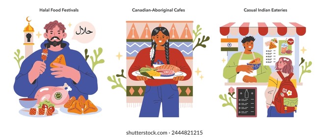 Culinary Culture set. Savoring delicacies at Halal Food Festivals. Authentic taste offered at Canadian-Aboriginal Cafes. Enjoying vibrant flavors at Casual Indian Eateries. Vector illustration