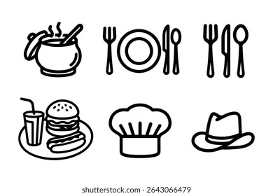 Culinary Delights Vector Line Art Icons Set Featuring Food Service and Chef Related Symbols