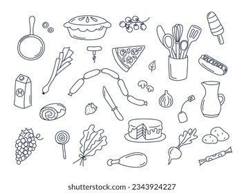 Culinary doodles vector set of isolated cooking elements. Doodle illustrations collection of utensils, kitchenware, food, ingredients, kitchen objects. Fruits, vegetables, bakery on white background.