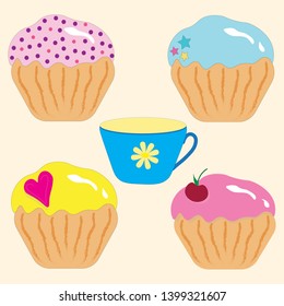 Culinary drawn set of desserts, various cupcakes and a cup of tea, Easter cake