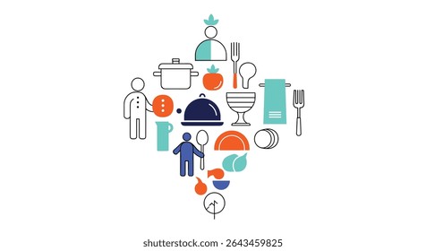 Culinary Education Iconography Displaying Diverse Foods and Utensils for Learning and Skill Development