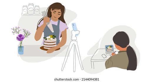 
Culinary education online. Blogger. Broadcast. Woman watching pastry teacher video review, online cooking course. Virtual course, lecture, master class. Doodle. Hand drawn. Flat vector illustration.