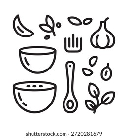 Elementos culinarios una ilustración dibujada a mano de ingredientes y utensilios de cocina