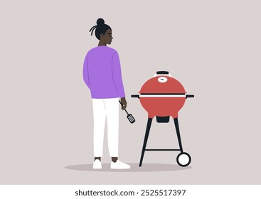 A culinary enthusiast stands confidently with a spatula in hand, ready to grill delicious food on a bright red barbecue grill, enjoying a beautiful day outdoors