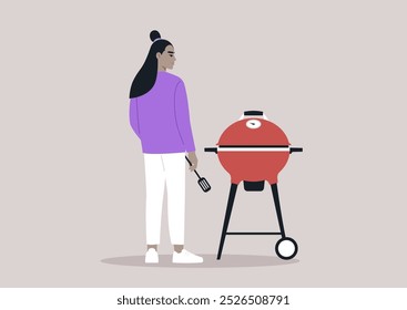 A culinary enthusiast stands confidently with a spatula in hand, ready to grill delicious food on a bright red barbecue grill, enjoying a beautiful day outdoors