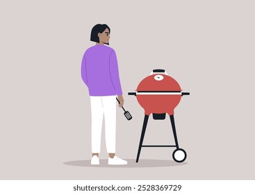 A culinary enthusiast stands confidently with a spatula in hand, ready to grill delicious food on a bright red barbecue grill, enjoying a beautiful day outdoors