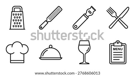 Culinary equipment collection including graters peelers cutlery chef hat food cloche wine glass and menu.