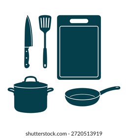 Ilustração de vetor de equipamento culinário. Coleção de utensílios de cozinha, incluindo uma espátula de faca chef que corta pote e ícones de frigideira.